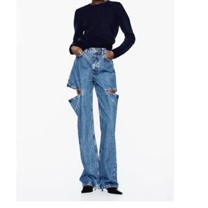 Zara MID WAIST STRAIGHT LEG CUT OUT JEWEL JEANS